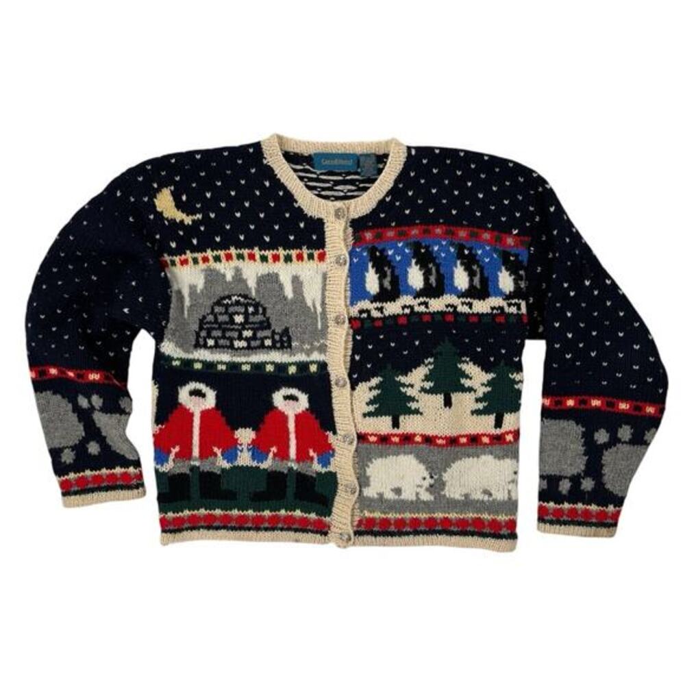 Vintage Carroll Reed Cardigan Shetland Wool Holiday Winter Scene Small Christmas